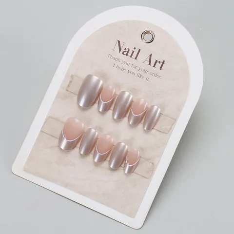 Luxury French Gold Edge Press On Nails Cat Eye Champagne Shimmer Detachable Almond Fake Nails For Women Daily Party DIY Nail Art