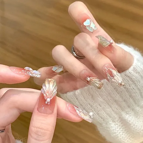 Handgefertigte Nägel zum Aufpressen Dimensionales Muschel Künstliche Perlen Dekor Rosa Strass Glitzer Falsche Nägel Für Damen Schmuck