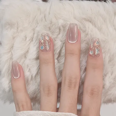Handmade Purple Pink Cat Eye Press On Nails With Shell Glitter Decor Elegant Square Fake Nails For Women Party Manicure