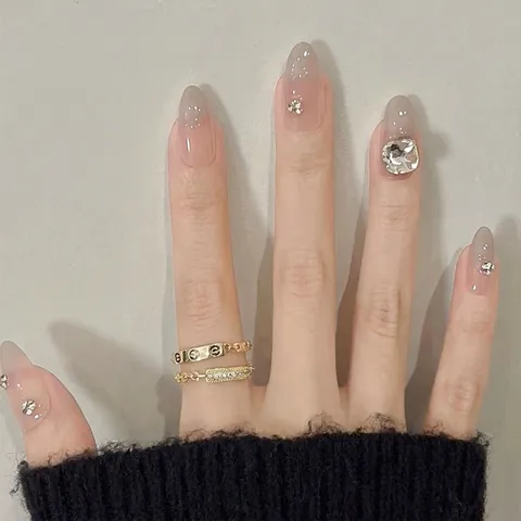 Unghie Finte di Lusso Occhi di Gatto Con Strass Fatte a Mano in Resina ABS Sfumato Rosa Nude Unghie Finte per Donna