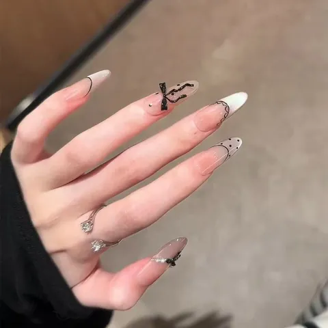 French Retro Long Almond Press On Nails With Black Bow Knot Pearls Nude Pink Polka Dot Lace Pattern Handmade Fake Nails