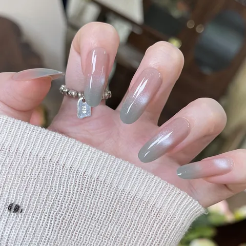 Handmade Cat Eye Press On Nails Gray Pink Gradient ABS Resin Long Oval False Nails With Jelly Glue Manicure Accessories