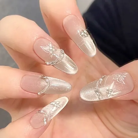 Handgefertigte Schmetterling Katzenauge Drucknägel Elegante Lange Mandelform Künstliche Perle Strass Blume Künstliche Fingernägel Für Damen