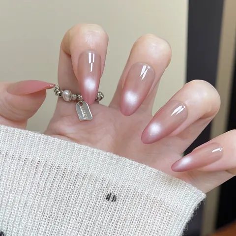 Rosa Farbverlauf Katzenauge Aufklebbare Nägel Mandelform Glänzend Full Cover Künstliche Nägel Set Für Damen Maniküre Dekoration