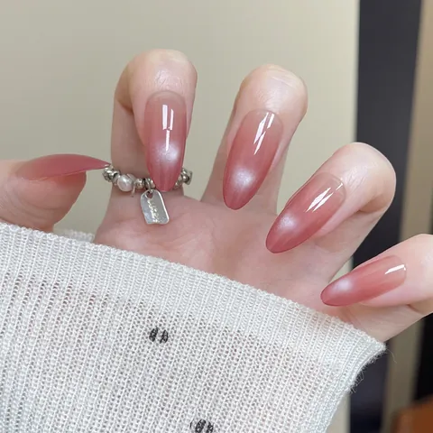 Katzenauge Aufdrücknägel Rosa Lila Blush Verlauf Mandelform Künstliche Nägel ABS Harz Elegante Tägliche Maniküre Nägel Für Damen