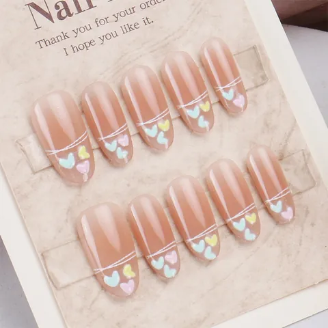Handmade French Gradient Nude Pink Press-on Nails With Heart Pattern Almond Shape ABS Resin False Nails For Women Decorative