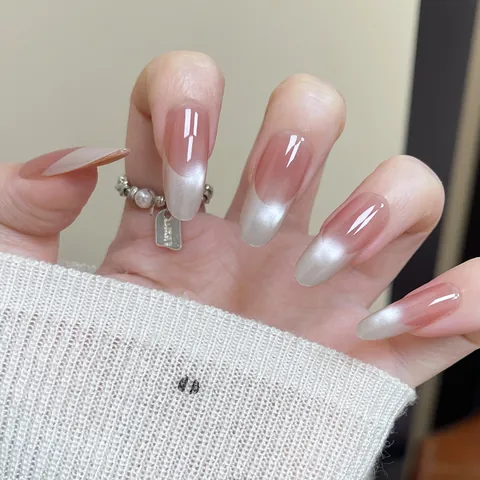 Unghie Finte a Pressione Occhio di Gatto Francese Rosa Nudo Argento Sfumato Eleganti in Resina ABS per Donna Kit Manicure DIY