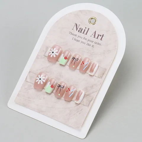 Fresh Summer Floral Bow Press On Nails Handmade Short Square Round Shape Resin Fake Nails For Women Daily Decorative Manicure