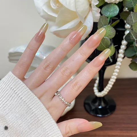 Uñas Postizas a Presión Hechas a Mano Verde Lima Degradado Ojo de Gato Patrón Limón Almendra Larga Reutilizables Mujer Manicura