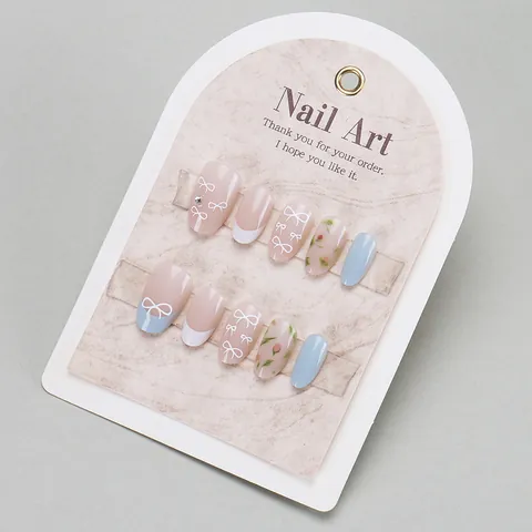 French Tip Press On Nails With Bowknot Floral Designs Blue White Sweet Cool Style Wearable False Nails For Women DIY Nail Art Decoration