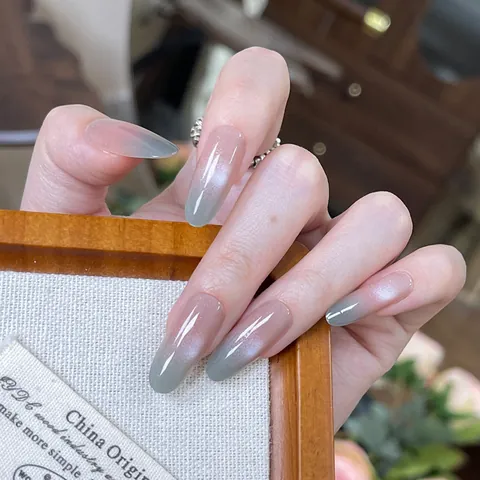 Handmade Cat Eye Press On Nails Gray Pink Gradient ABS Resin Long Oval False Nails With Jelly Glue Manicure Accessories
