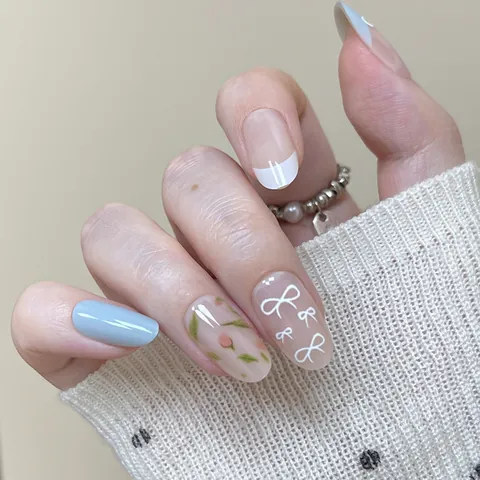 French Tip Press On Nails With Bowknot Floral Designs Blue White Sweet Cool Style Wearable False Nails For Women DIY Nail Art Decoration