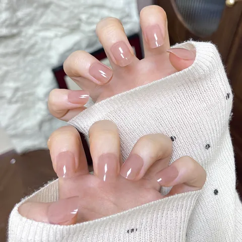 Ongles à Presser Français Rose Nude Court Carré Rond Texture Gelée Brillant Ongles Artificiels Manucure Femmes