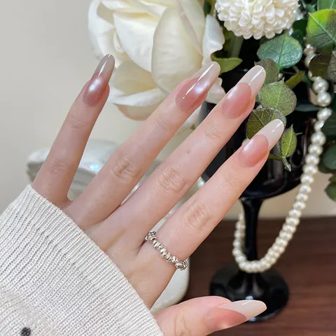 Unghie Finte a Pressione Occhio di Gatto Francese Rosa Nudo Argento Sfumato Eleganti in Resina ABS per Donna Kit Manicure DIY