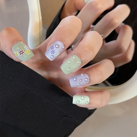 Uñas Postizas a Presión Cuadradas Cortas de Flor de Macarrón Hechas a Mano Con Strass 3D Mate Reutilizables para Mujer Manicura Diaria