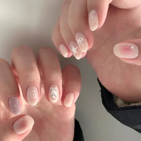 Handmade Cute Cat Press On Nails Pink Gradient Blush Fake Nails With Bow Star Pattern Reusable Artificial Fingernails