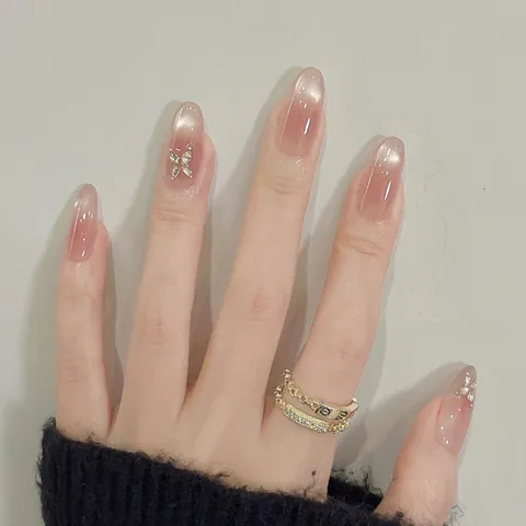 Matte Cat Eye Almond Press On Nails Gradient Pink Brown Fake Nails With 3D Butterfly Rhinestone Elegant Wearable Nails