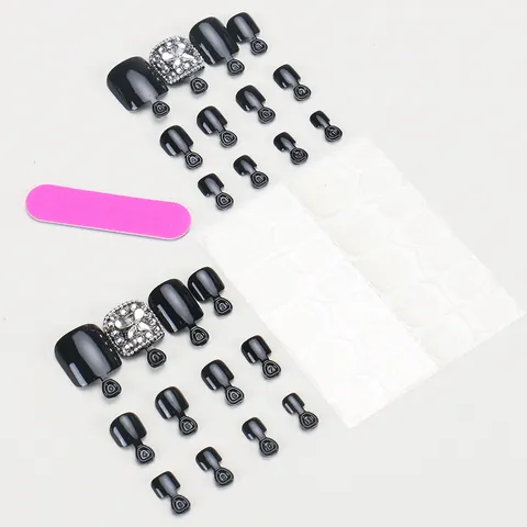 Glänzende Schwarze Strass Fußnägel Zum Aufkleben Französischer Stil ABS Harz Falsche Fußnägel Für Damen Pediküre Zubehör