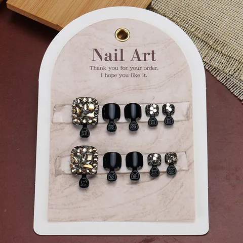 Uñas Postizas para Pies de Lujo Negras Con Diamantes de Imitación y Purpurina Uñas Desmontables para Decoración Mujer