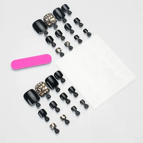 Uñas Postizas para Pies de Lujo Negras Con Diamantes de Imitación y Purpurina Uñas Desmontables para Decoración Mujer