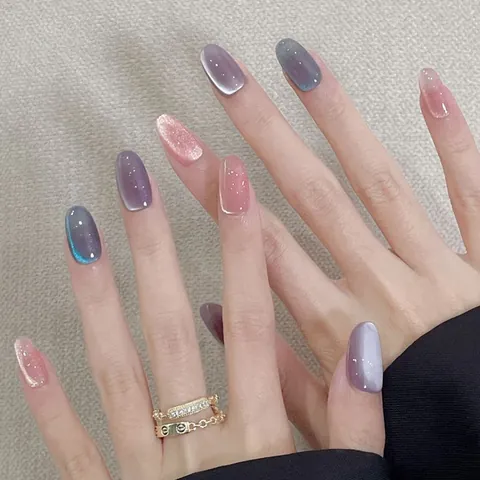 Handmade Cat Eye Press On Nails Long Oval Luxury False Nails For Women Multi Color Shimmer Resin Artificial Nails Manicure Gift