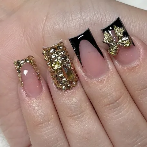Französische Schwarze Künstliche Nägel Mit Goldener Strass Schleife Gelee Rosa Glänzende Kunstnägel Mittleres Rechteck Für Damen