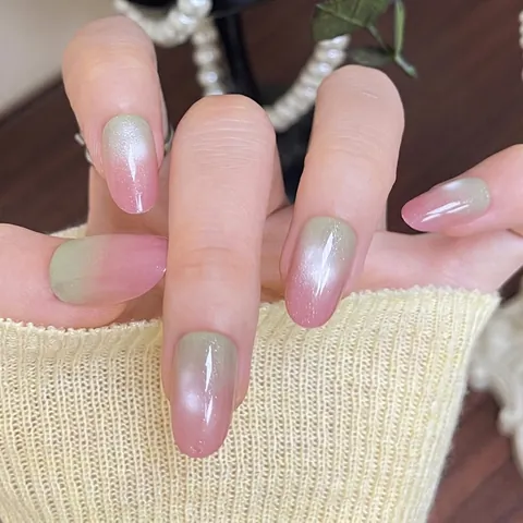 Unghie Finte Sfumate Estive Rosa Verde Occhio di Gatto Luccicanti Ovali in Resina ABS per Donna Quotidiano Festa Dolce Cool Manicure