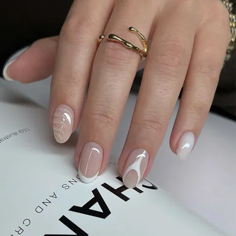 Uñas Postizas a Presión Ovaladas Cortas Rosa Nude Blanco Estilo Francés Patrón Onda Espiral Uñas Resina ABS Reutilizables