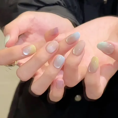 Handmade Cat Eye Gradient Macaron Press On Nails Glossy Minimalist Sweet Style DIY Manicure False Nails For Women