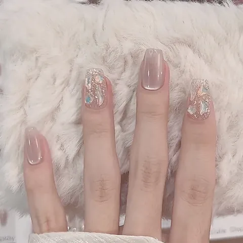 Handmade Purple Pink Cat Eye Press On Nails With Shell Glitter Decor Elegant Square Fake Nails For Women Party Manicure