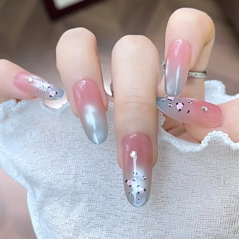 Unghie Finte Fatte a Mano Sfumate Rosa Grigio Stampa Leopardata Occhio di Gatto Ovali con Strass Riutilizzabili Donna