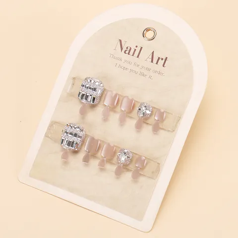 Elegant Champagne Pink Toe Press On Nails With 3D Rhinestone Pearl Flower Petal Decor Short Square Toenail Art For Women