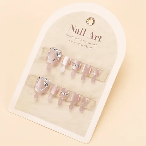 Roze Kattenoog Druk Op Teennagels Met Vlinder Strass Parel Decoratie Vierkante Korte Voet Valse Nagels Manicure Voor Vrouwen