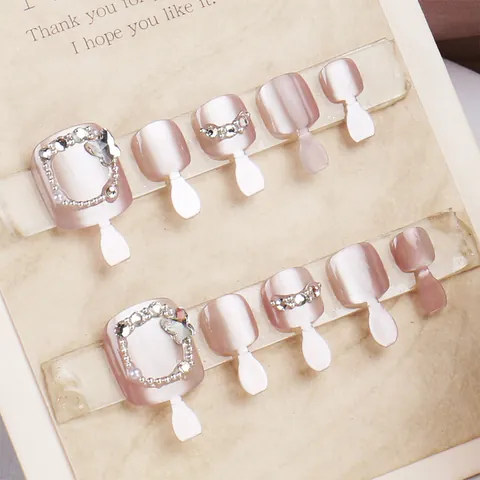 Roze Kattenoog Druk Op Teennagels Met Vlinder Strass Parel Decoratie Vierkante Korte Voet Valse Nagels Manicure Voor Vrouwen