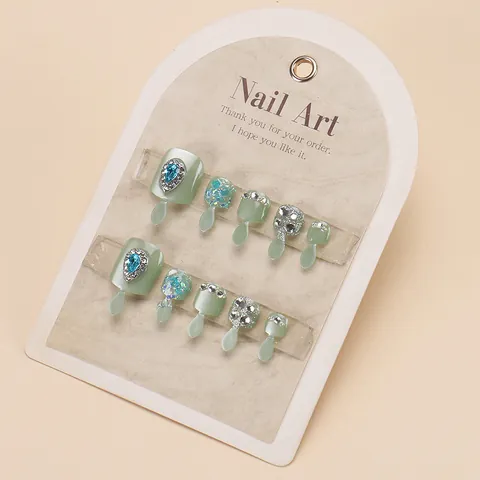 Luxury Cat Eye Press-On Toenails Mint Green With Blue Water Drop Rhinestones Glitter Handcrafted Detachable Foot Nail Art For Women