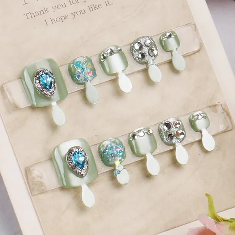 Luxury Cat Eye Press-On Toenails Mint Green With Blue Water Drop Rhinestones Glitter Handcrafted Detachable Foot Nail Art For Women