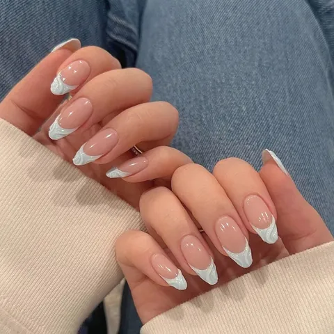 3D Water Ripple Press On Nails French White Edge Almond Shape ABS Resin Nude Jade Blue Fake Nails Fashion Beauty Accessory