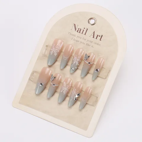Handmade Green Cat Eye Press On Nails Long Almond Pink Gradient Butterfly Metal Rhinestone Elegant Wearable False Nails