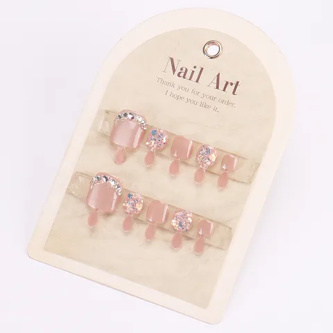 Zomer Parelroze Kattenoog Press-on Teennagels Met Glitter Strass Kort Vierkant Valse Voetnagels Voor Vrouwen Schoonheid