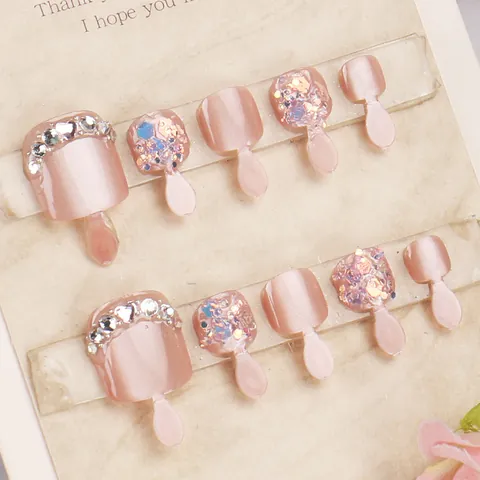 Zomer Parelroze Kattenoog Press-on Teennagels Met Glitter Strass Kort Vierkant Valse Voetnagels Voor Vrouwen Schoonheid