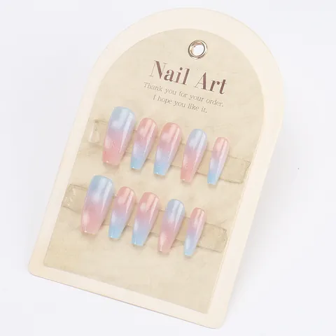 Handmade Coffin Press On Nails Pink Blue Gradient Cat Eye Glitter Ombre False Nails For Women Daily DIY Manicure Kit