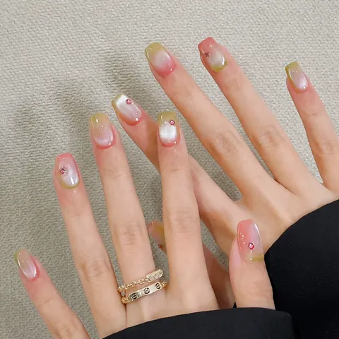 ABS Pink Green Gradient Cat Eye Press On Nails Short Square Round False Nails With Rhinestone Shimmer Manicure DIY For Women