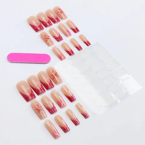 Rosa 3D Blume Künstliche Fingernägel Zum Aufkleben Lang Quadratisch Französisch Farbverlauf Fake Nails Süß Cool Spicy Girl