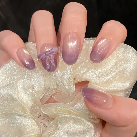 Purple Cat Eye Press On Nails With 3D Bow Design Gradient Ombre Shimmer Fake Nails For Women Daily Dating Nail Art Decor