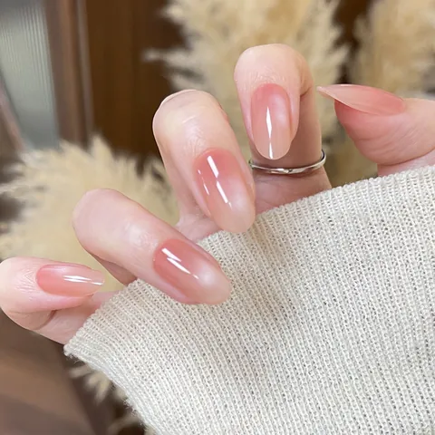 Handgefertigte Katzenauge Künstliche Nägel Pfirsichrosa Verlauf Wiederverwendbare Falsche Nägel Kurz Oval Blush Stil Nagelkunst Set