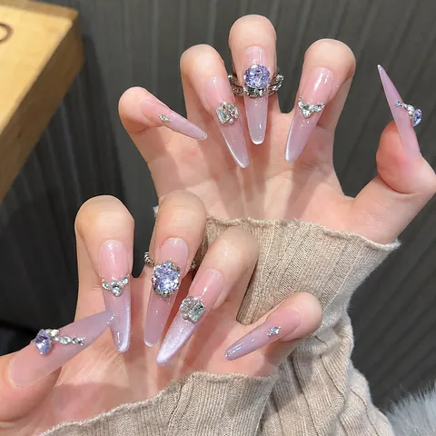 Handmade Luxury Cat Eye Press On Nails Long Stiletto Ombre Purple Rhinestone Inlaid Reusable Fake Nails For Women Party Jewelry