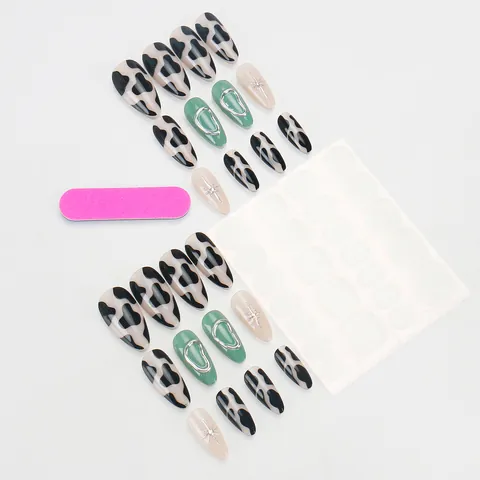 Unghie Finte Stampa Mucca Verde Morandi Con Linee Metalliche E Decorazioni In Strass Lunghe Rotonde Unghie A Pressione Kit Donna