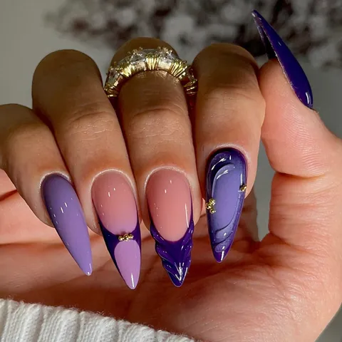 Purple French 3D Relief Press On Nails With Gold Beads ABS Resin Stiletto Almond Fake Nails For Women Fashion Jewelry