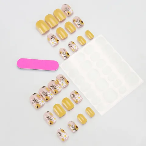 Madeliefje Press-on Nagels Kort Rond Vierkant Geel Roze Contrast Kleur Glanzende Fake Nails Met Lijm Vrouwen