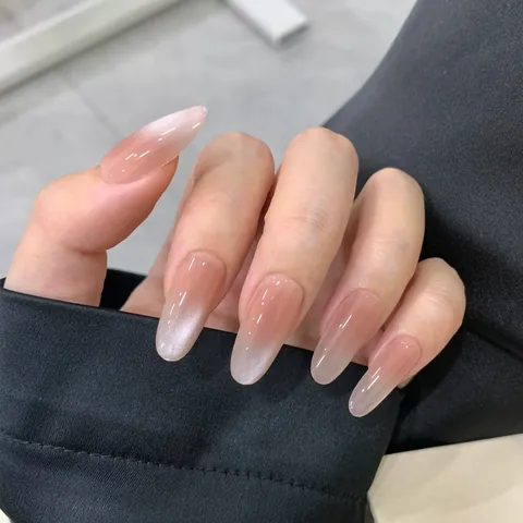 Ombre Cat Eye Press On Nails Glossy Almond Fake Nails Gradient Nude Pink Shimmer Full Cover DIY Manicure For Women